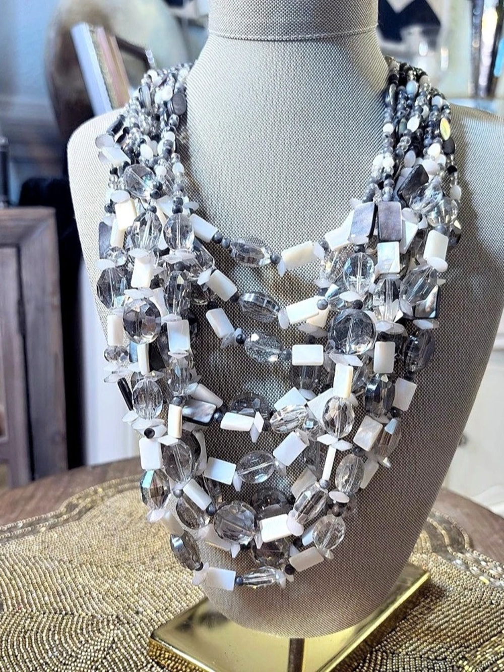 Chico's Statement Beaded Multilayered Necklace in Gray & White